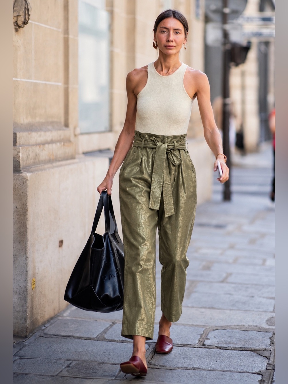 Lauren Ralph Lauren High-Waist Paperbag Metallic Olive Pants with Tie Belt